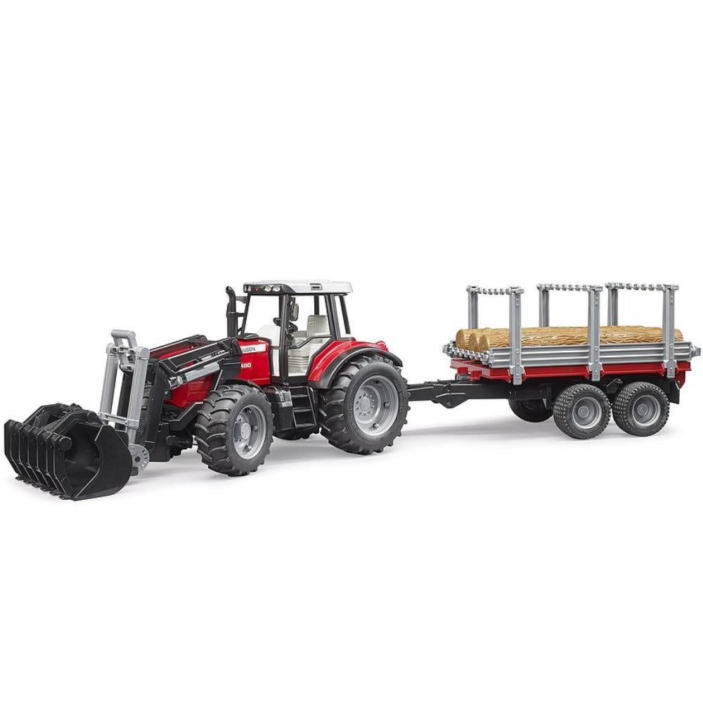 Bruder Massey Ferguson 7480 mit Frontlader, Holztransportanhänger & Baumstämmen