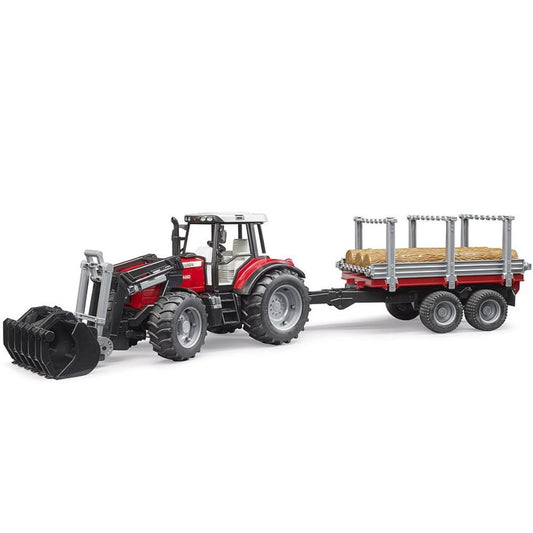 Bruder Massey Ferguson 7480 mit Frontlader, Holztransportanhänger & Baumstämmen