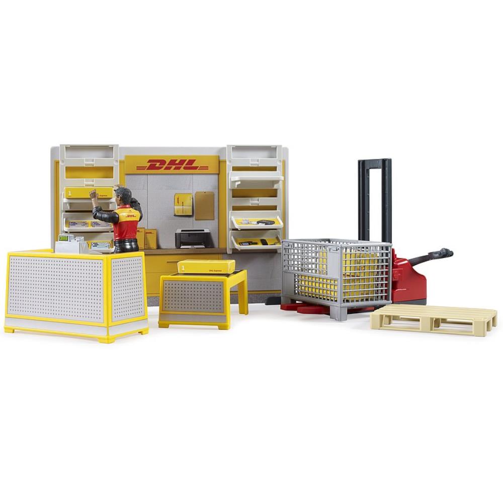 Bruder bworld DHL Paketshop mit Handhubstapler & Figur